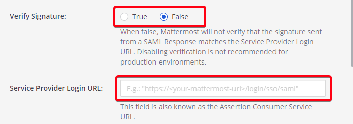 On the SAML 2.0 page, configure Mattermost to verify the signature, and set the Service Provider Login ULR as the Single sign on URL configured in Okta.